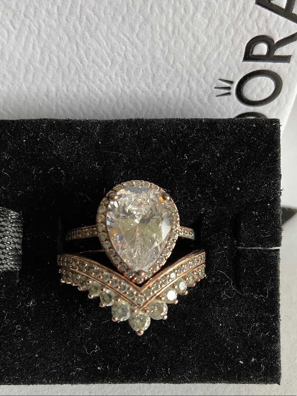 Two Pandora Rose Gold rings Pear Halo Ring with Chevron ring